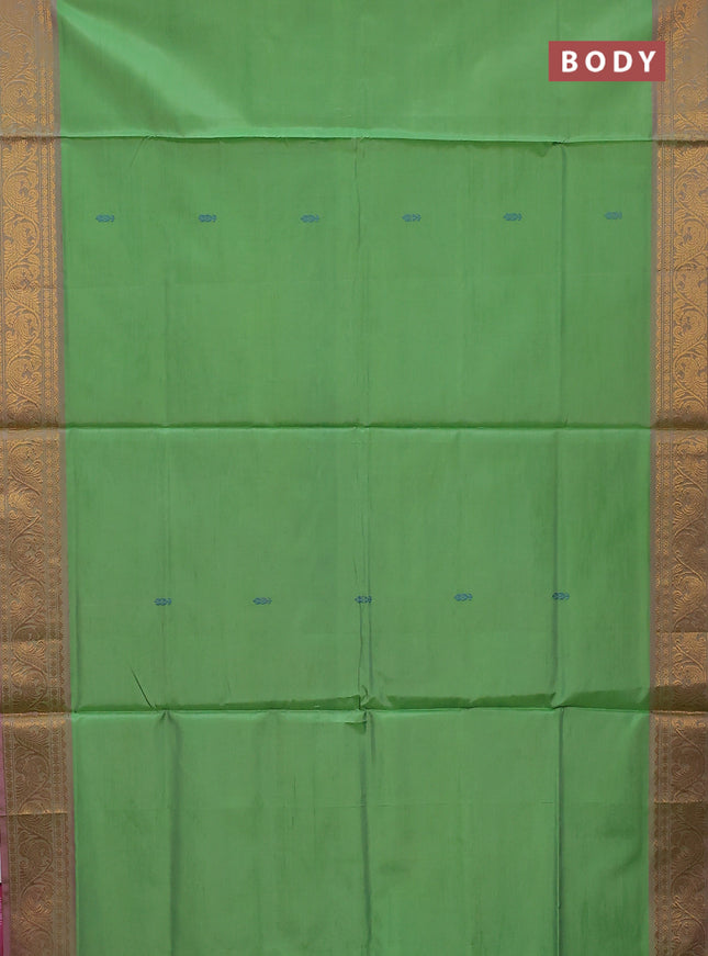 Banana pith saree parrot green and light pink with thread woven buttas and zari woven border