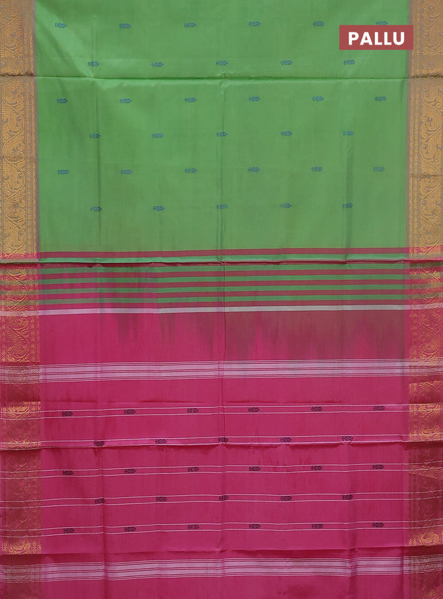 Banana pith saree parrot green and light pink with thread woven buttas and zari woven border