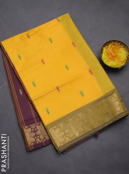Banana pith saree yellow and deep maroon with thread woven buttas and zari woven border