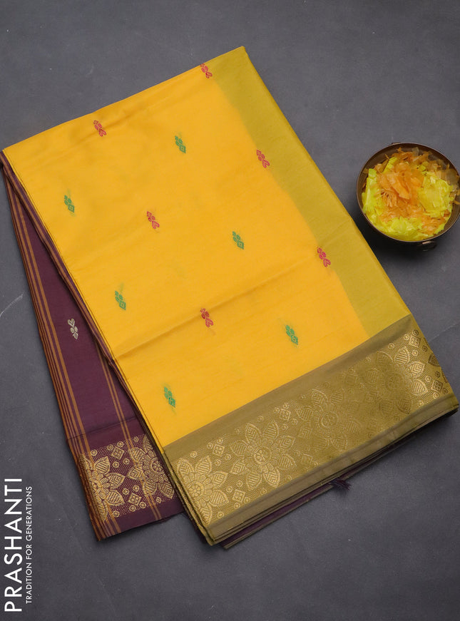 Banana pith saree yellow and deep maroon with thread woven buttas and zari woven border