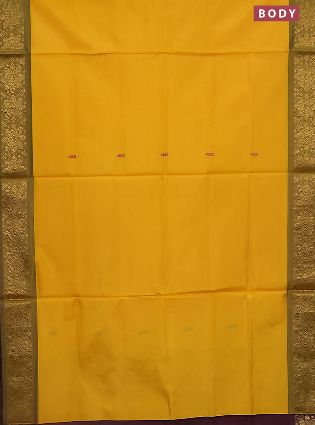 Banana pith saree yellow and deep maroon with thread woven buttas and zari woven border