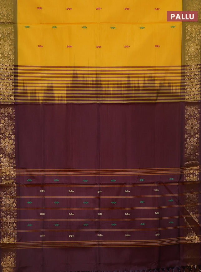 Banana pith saree yellow and deep maroon with thread woven buttas and zari woven border