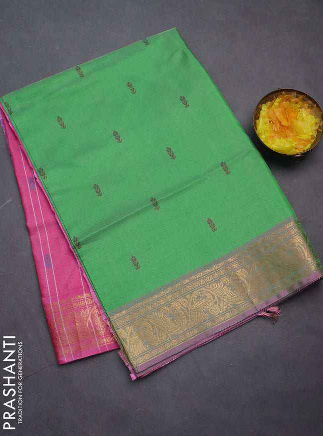 Banana pith saree green and light pink with thread woven buttas and zari woven border