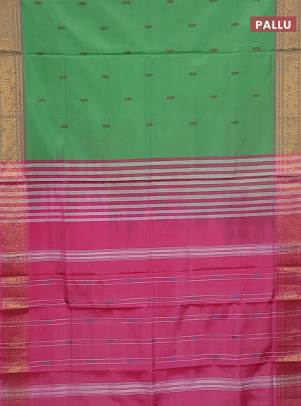 Banana pith saree green and light pink with thread woven buttas and zari woven border