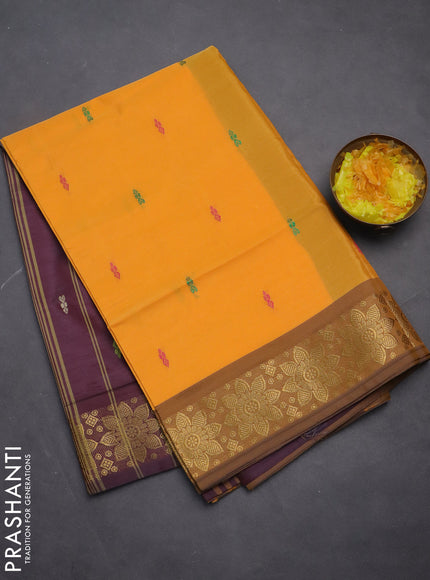 Banana pith saree mango yellow and deep maroon with thread woven buttas and zari woven border