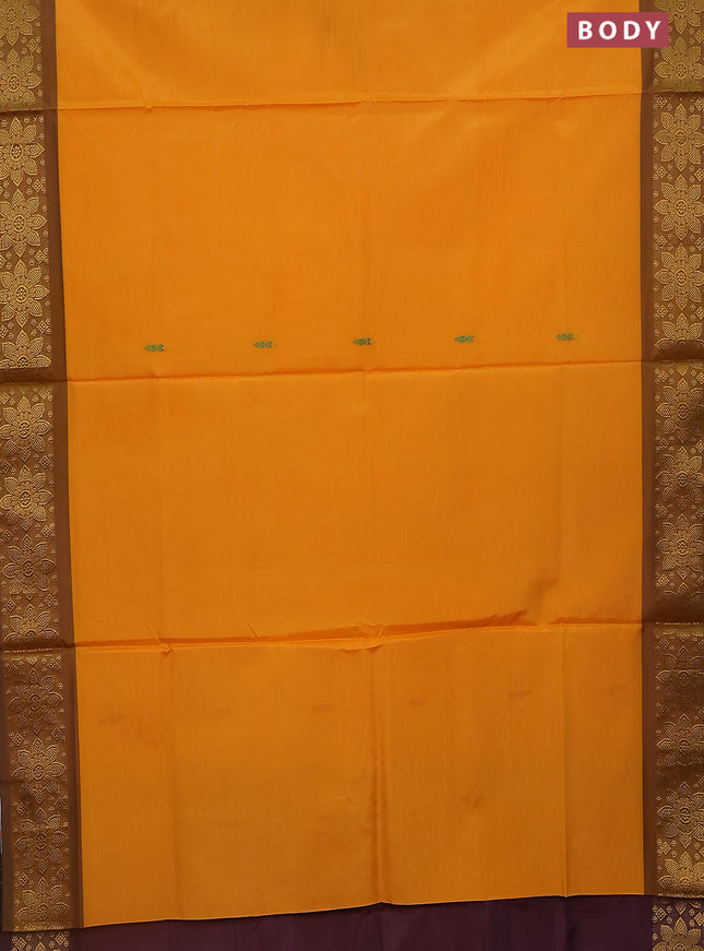 Banana pith saree mango yellow and deep maroon with thread woven buttas and zari woven border