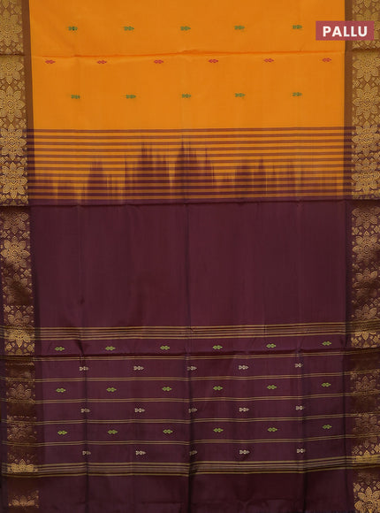 Banana pith saree mango yellow and deep maroon with thread woven buttas and zari woven border