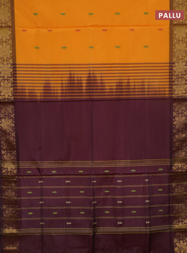 Banana pith saree mango yellow and deep maroon with thread woven buttas and zari woven border