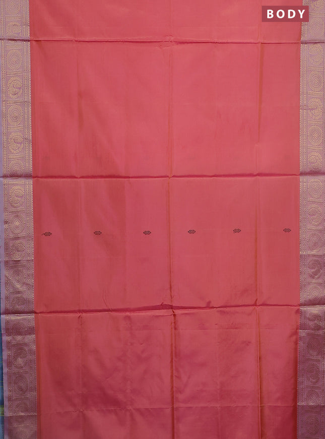Banana pith saree dual shade of pinkish orange and light blue with thread woven buttas and zari woven border
