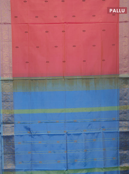 Banana pith saree dual shade of pinkish orange and light blue with thread woven buttas and zari woven border