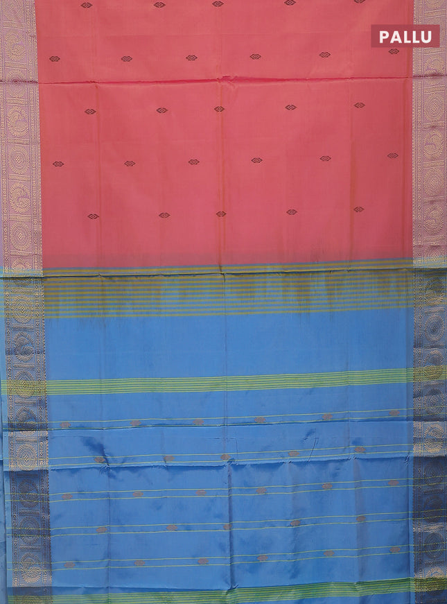 Banana pith saree dual shade of pinkish orange and light blue with thread woven buttas and zari woven border