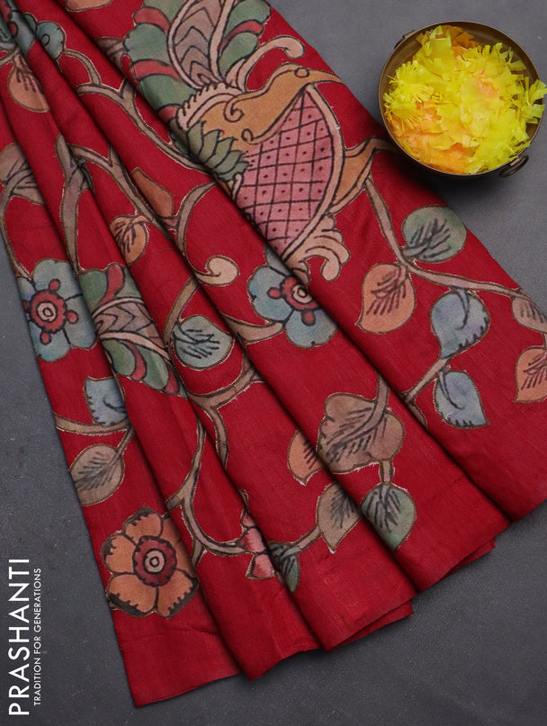 Semi tussar saree maroon with kalamkari applique work