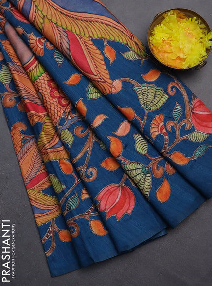Semi tussar saree peacock blue with kalamkari applique work