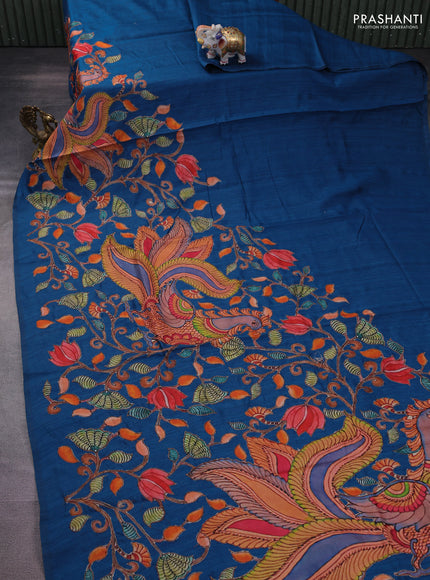 Semi tussar saree peacock blue with kalamkari applique work