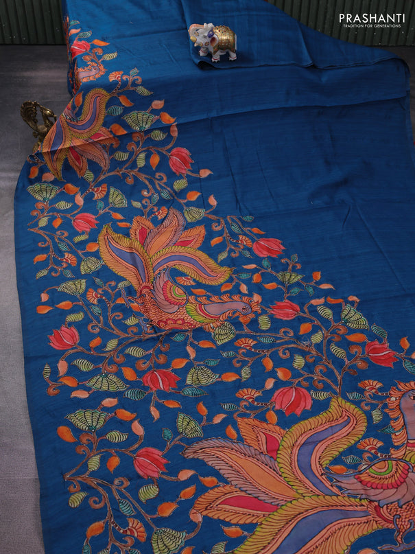 Semi tussar saree peacock blue with kalamkari applique work