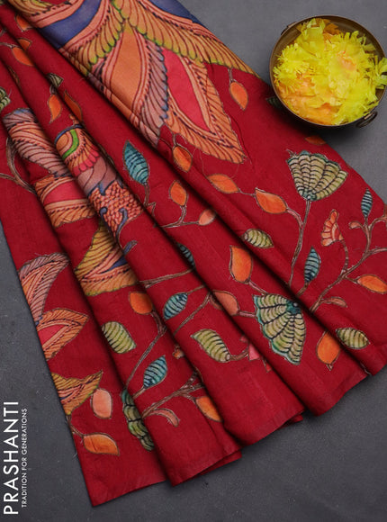 Semi tussar saree kumkum red with kalamkari applique work
