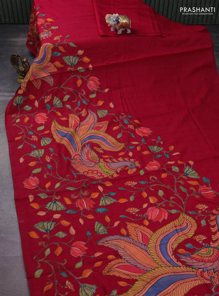 Semi tussar saree kumkum red with kalamkari applique work