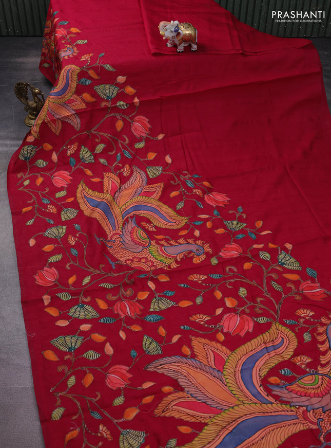 Semi tussar saree kumkum red with kalamkari applique work