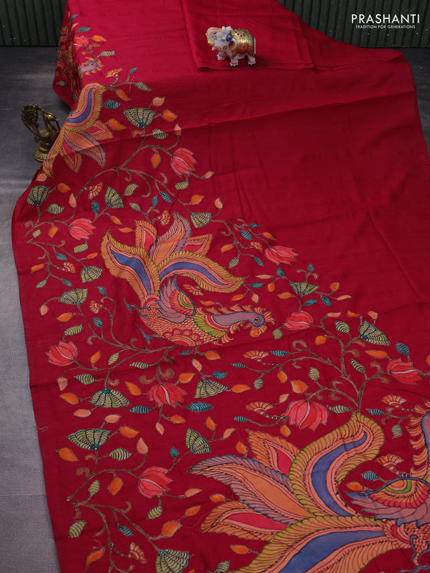 Semi tussar saree kumkum red with kalamkari applique work