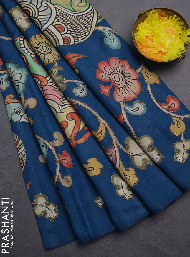 Semi tussar saree peacock blue with kalamkari applique work
