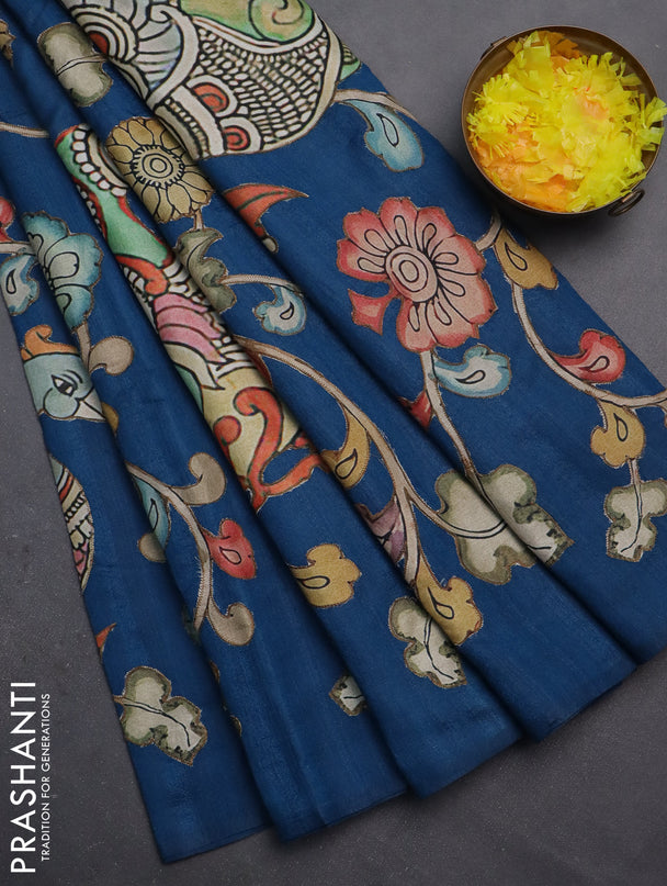 Semi tussar saree peacock blue with kalamkari applique work
