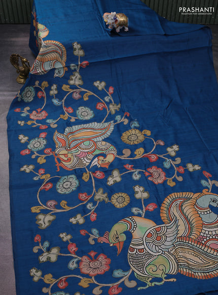 Semi tussar saree peacock blue with kalamkari applique work