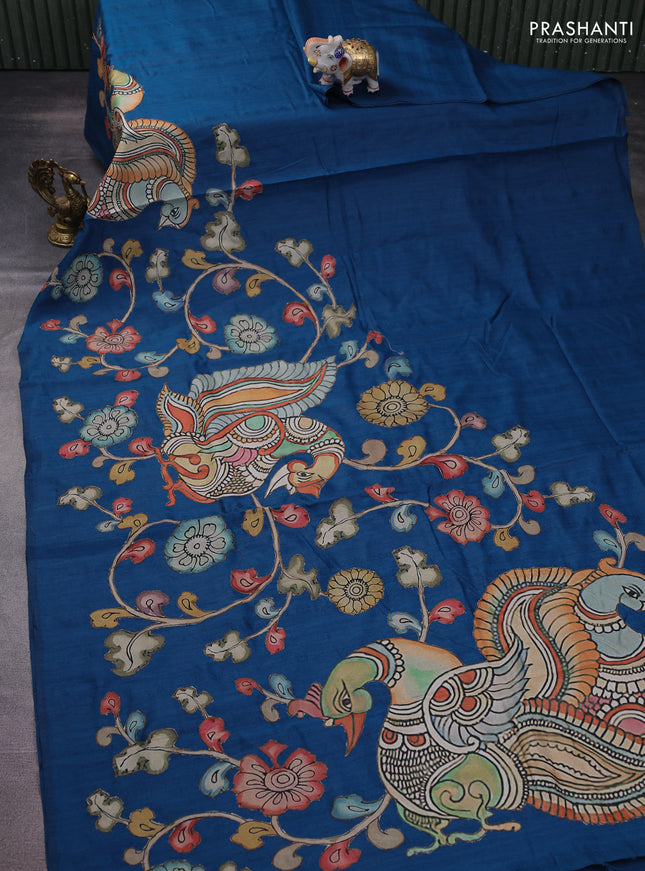 Semi tussar saree peacock blue with kalamkari applique work