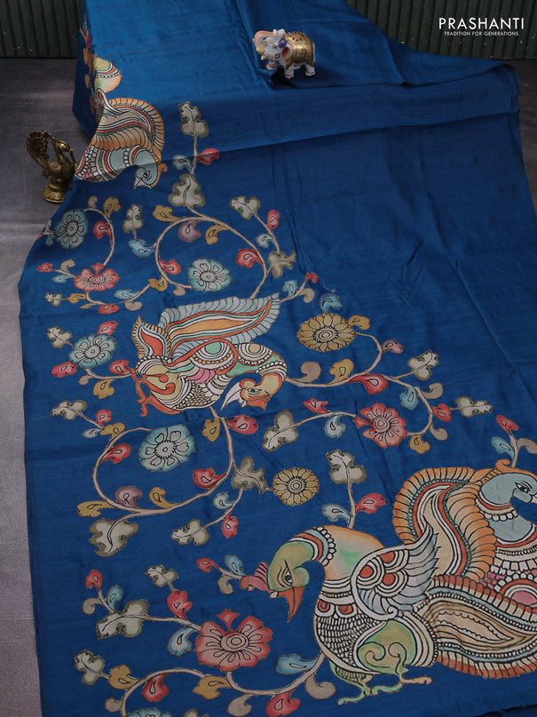 Semi tussar saree peacock blue with kalamkari applique work
