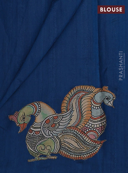 Semi tussar saree peacock blue with kalamkari applique work