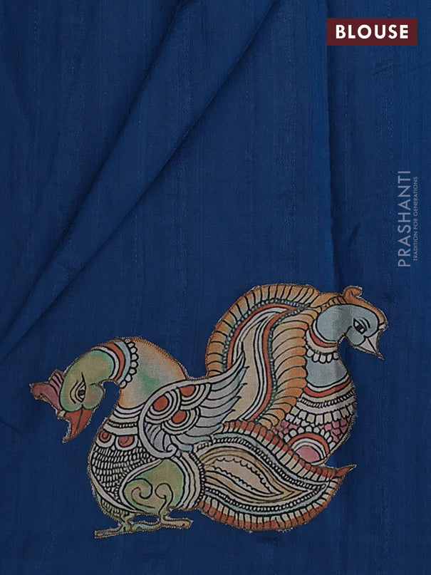 Semi tussar saree peacock blue with kalamkari applique work