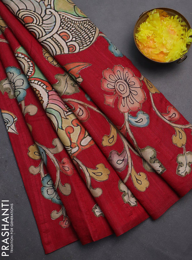 Semi tussar saree maroon with kalamkari applique work