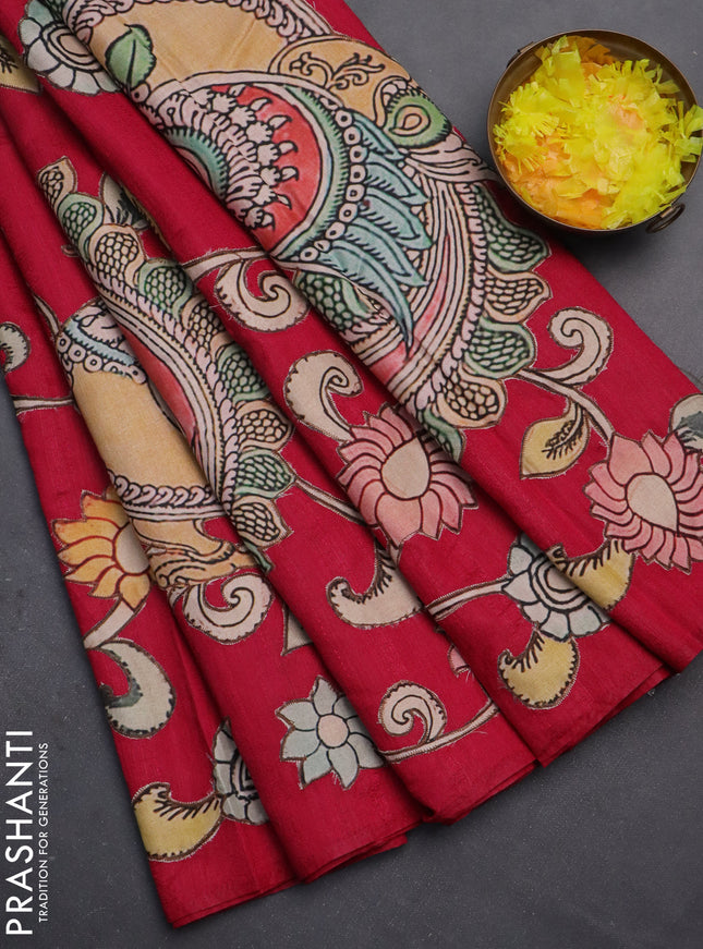 Semi tussar saree dark pink with kalamkari applique work