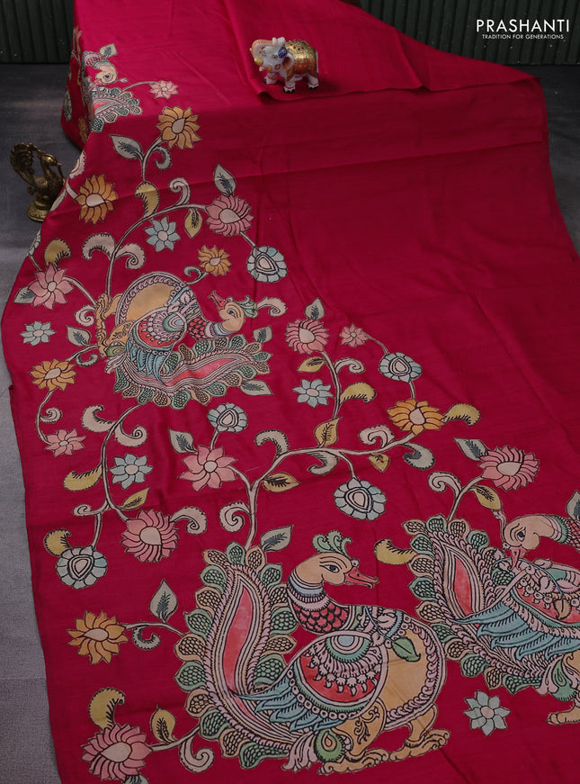 Semi tussar saree dark pink with kalamkari applique work