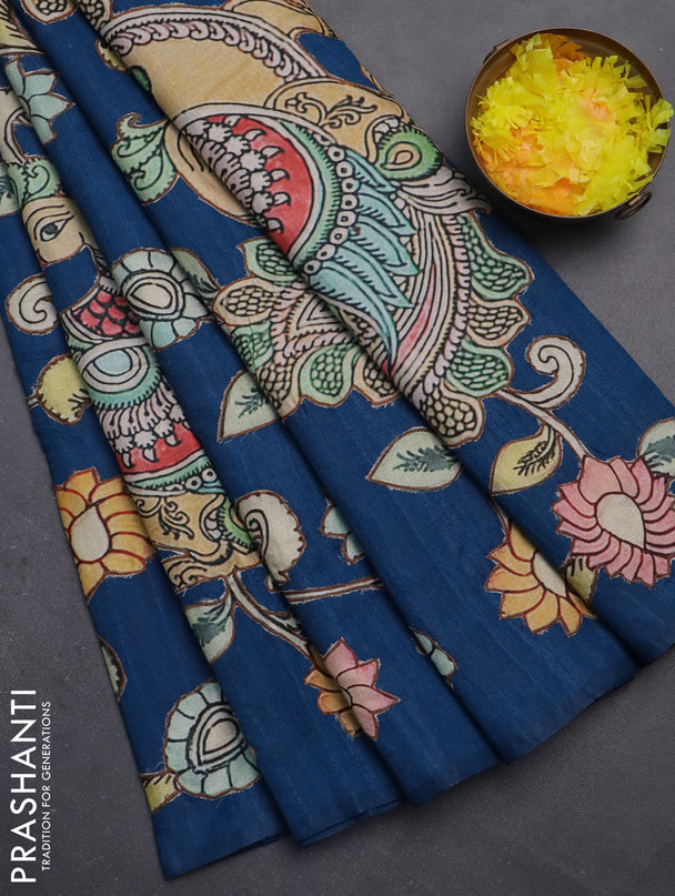 Semi tussar saree peacock blue with kalamkari applique work