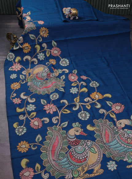 Semi tussar saree peacock blue with kalamkari applique work