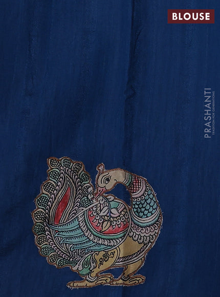 Semi tussar saree peacock blue with kalamkari applique work