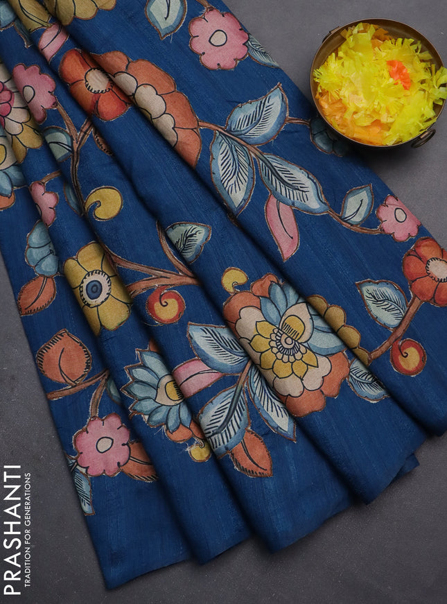 Semi tussar saree peacock blue with kalamkari applique work