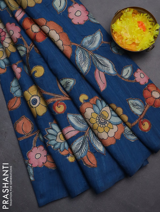 Semi tussar saree peacock blue with kalamkari applique work