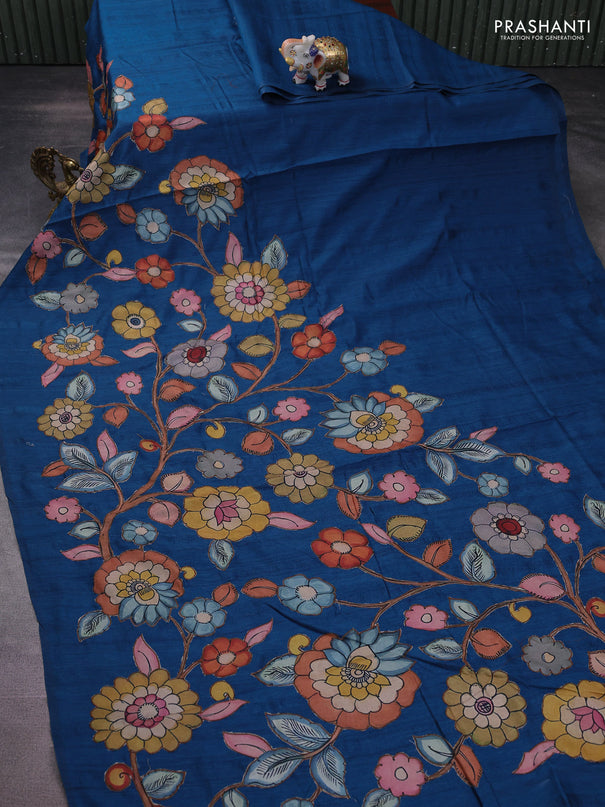 Semi tussar saree peacock blue with kalamkari applique work
