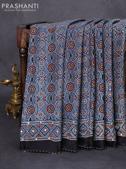 Modal silk saree blue and black with allover ajrakh prints & pita work and embroidery pallu