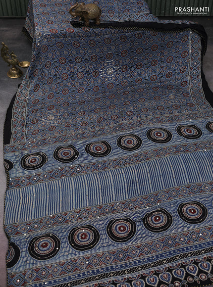 Modal silk saree blue and black with allover ajrakh prints & pita work and embroidery pallu