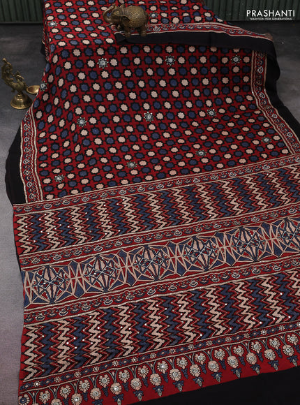 Modal silk saree maroon and black with allover ajrakh prints & pita work and embroidery pallu