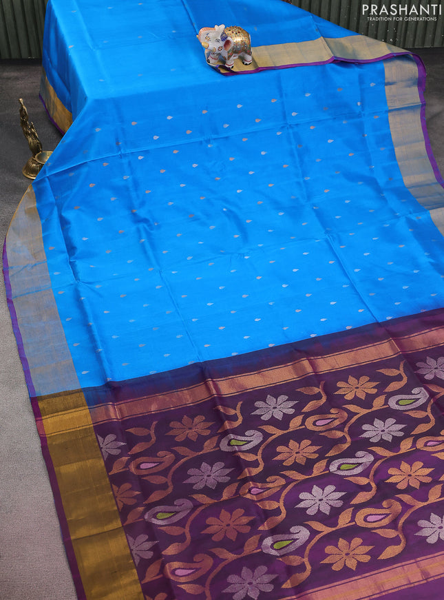 Pure uppada silk saree cs blue and purple with jamdhani buttas and jamdhani design pallu