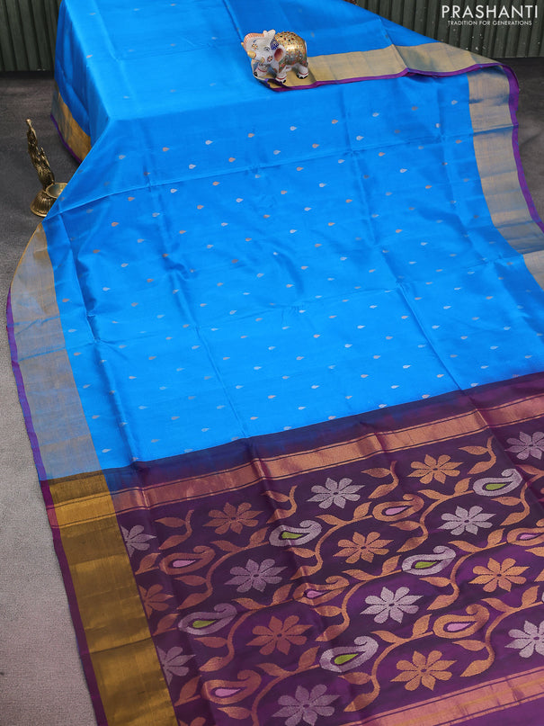 Pure uppada silk saree cs blue and purple with jamdhani buttas and jamdhani design pallu