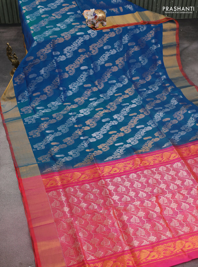 Pure uppada silk saree peacock blue and dual shade of pinkish orange with allover silver & gold zari weavess and zari woven border