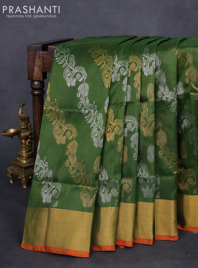 Pure uppada silk saree sap green and dual shade of pinkish orange with allover silver & gold zari weavess and zari woven border
