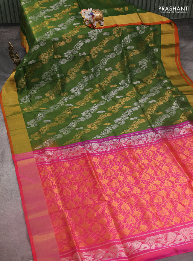 Pure uppada silk saree sap green and dual shade of pinkish orange with allover silver & gold zari weavess and zari woven border