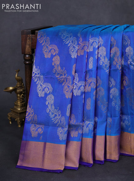 Pure uppada silk saree cs blue and blue with allover silver & gold zari weavess and zari woven border