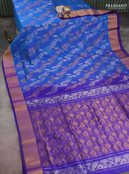 Pure uppada silk saree cs blue and blue with allover silver & gold zari weavess and zari woven border