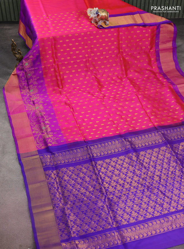 Pure uppada silk saree dual shade of pink and blue with allover zari woven thilak buttas and floral design zari woven border